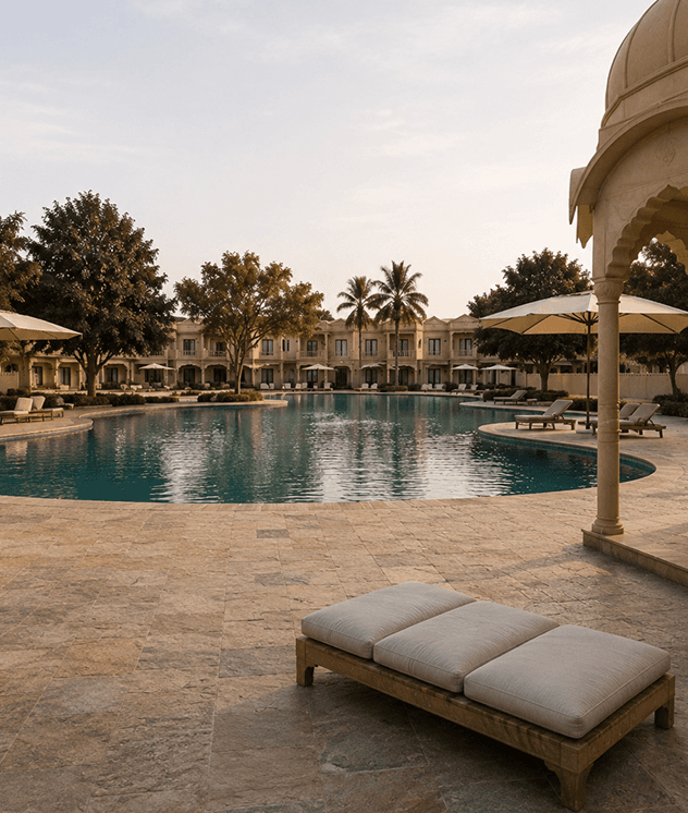 Pool and shore at the Palm Resort