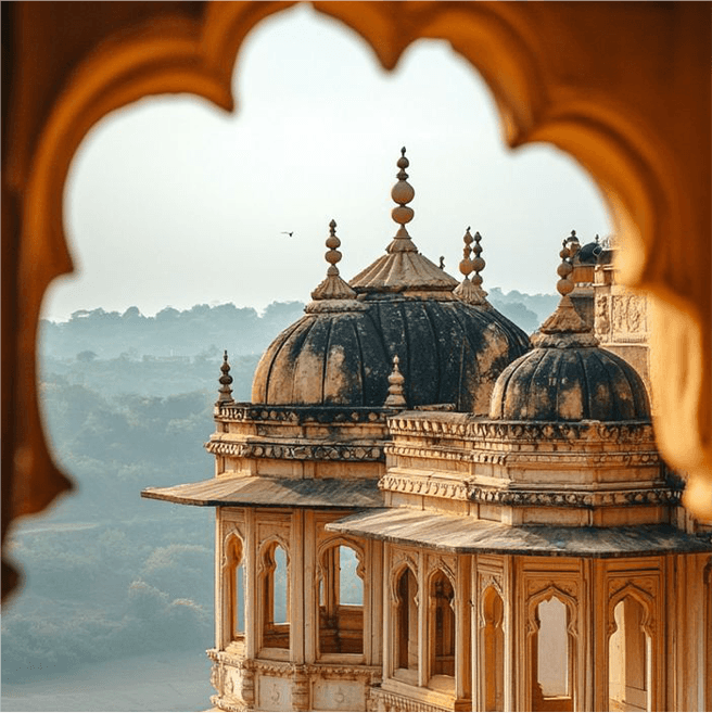Heritage palace dome viewed through an arch