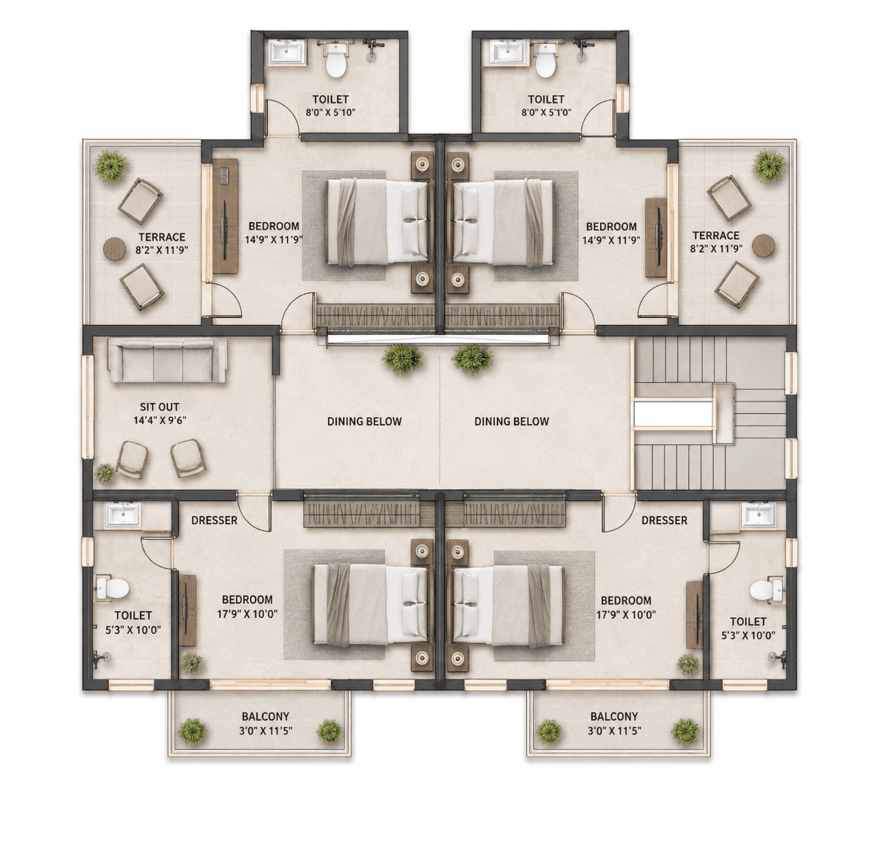 Villa floor plan — upper floor and terrace